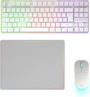 Mars Gaming MCPWTKL Combo Pack Gaming 3en1 - Teclado Hibrido H-Mech Formato TKL - Disposicion Italiana QWERTY IT - Raton 3200dpi - Switches HUANO - Color Blanco
