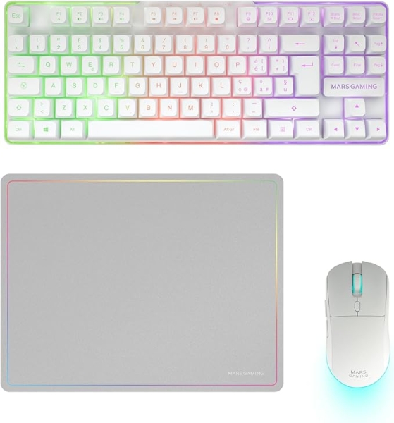 Mars Gaming MCPWTKL Combo Pack Gaming 3en1 - Teclado Hibrido H-Mech Formato TKL - Disposicion Italiana QWERTY IT - Raton 3200dpi - Switches HUANO - Color Blanco