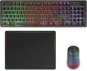 Mars Gaming MCPWX Combo Pack Gaming 3en1 - Teclado Hibrido H-Mech - Disposicion Francesa AZERTY FR - Raton 3200dpi - Switches HUANO - Color Negro