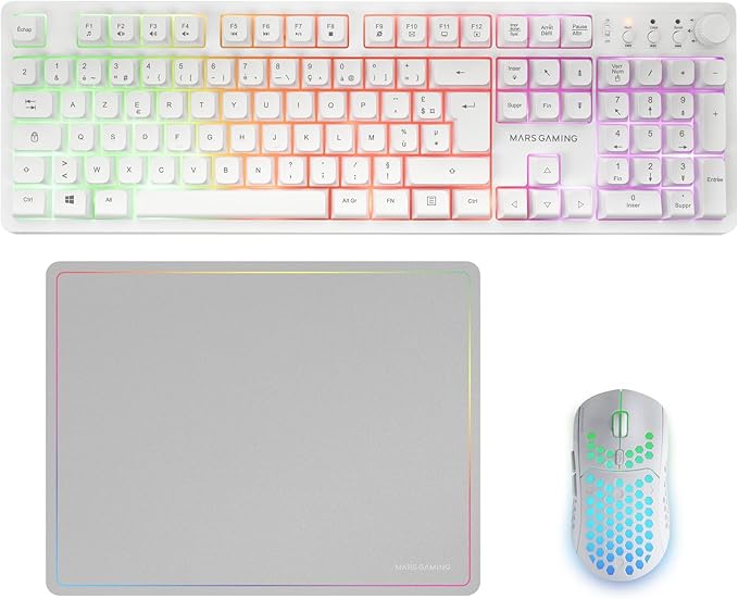 Mars Gaming MCPWX Combo Pack Gaming 3en1 - Teclado Hibrido H-Mech - Disposicion Francesa AZERTY FR - Raton 3200dpi - Switches HUANO - Color Blanco