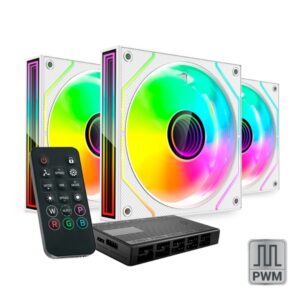 Mars Gaming MF-3DPROKIT Pack de 3 Ventiladores de 120mm - Iluminacion ARGB Infinity Mirror 360º - Silencioso 12dB - Mando a Distancia y Hub ARGB - Color Blanco