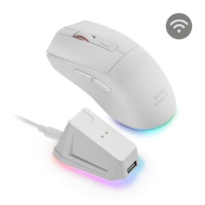 Mars Gaming MM-T3 Raton Inalambrico Ultraligero - 14400dpi - Bluetooth 5.0 - Rf 2.4Ghz - Switches HUANO - Base con Luces RGB - 7 Botones Configurables - 118x64x40mm - Color Blanco