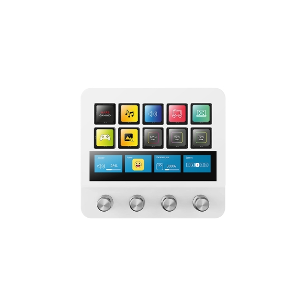 Mars Gaming MSD-PRO Dispositivo de Control para Retransmisiones/Streaming, Trabajo, Gaming - 10 Teclas LCD - 4 Diales Personalizables - Software Personalizable - 137x124x50mm - Color Blanco