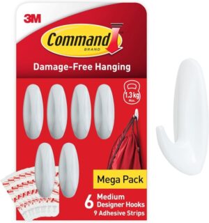 Command Pack de 6 Ganchos de Diseño Medianos - 9 Tiras Adhesivas - Soportan hasta 1.3kg - Color Blanco
