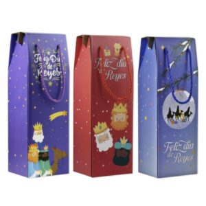 Bismark Caja/Bolsa de Carton con Asa para Botellas Reyes Magos - Medidas 13x36x10cm - 3 Diseños Diferentes Aleatorios