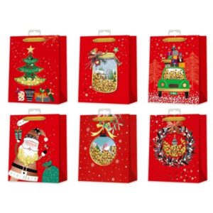 Bismark Bolsa de Papel Navidad Roja - Impresion Foil y Confetti - 6 Diseños Diferentes