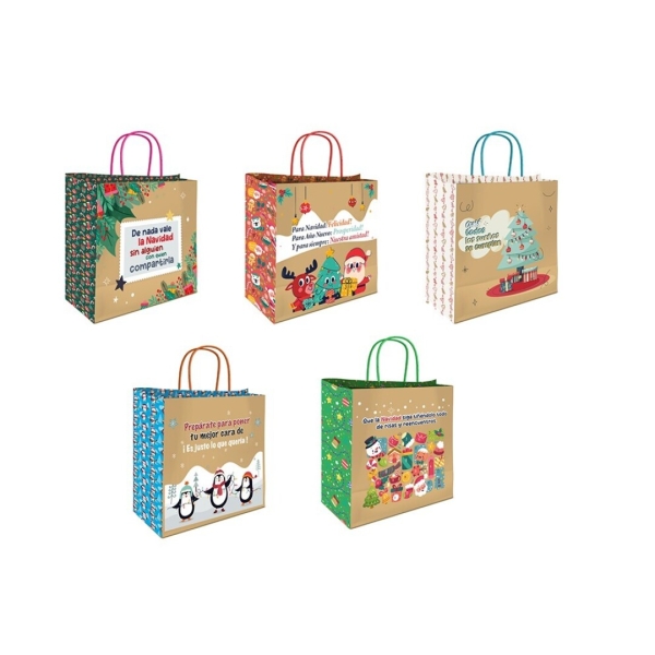 Bismark Bolsa de Papel Kraft con Mensajes Navideños - Medidas 26x8x24cm - 5 Diseños Diferentes