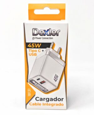 Cargador 45W con cable Tipo C retráctil + Puertos USB-A+USB-C / Carga Ultrarápida Dexler