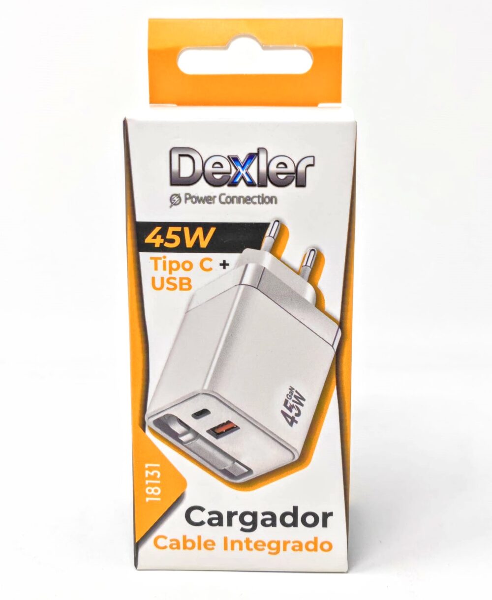 Cargador 45W con cable Tipo C retráctil + Puertos USB-A+USB-C / Carga Ultrarápida Dexler