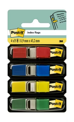 Post-it Index Pack de 4 Dispensadores con 35 Marcadores Reposicionables 11.9 x 43.2mm - Adherencia Firme - Para Marcar, Señalar o Destacar Informacion - Colores Surtidos