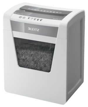 Leitz IQ Office P5 Destructora de Papel Micro Corte P-5 - Destruye hasta 10 Hojas - Capacidad de la Papelera 23L - 2 Horas de Funcionamiento Ininterrumpido - Color Blanco/Gris