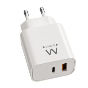 Ewent EW1318 Cargador GAN 20W - USB-C PD y USB-A QC - Carga Rapida - Alta Eficiencia - Diseño Compacto - Color Blanco
