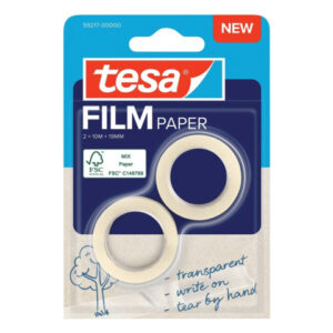 Tesa Paper Pack de 2 Cintas Adhesivas de Papel 19mm x 10 Metros - Casi Invisible en Superficies de Color Claro - Se puede Cortar con la Mano y Escribir sobre ella - Papel Certificado FSC®