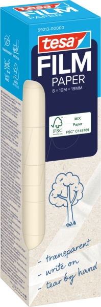 Tesa Paper Pack de 8 Cintas Adhesivas de Papel 19mm x 10 Metros - Casi Invisible en Superficies de Color Claro - Se puede Cortar con la Mano y Escribir sobre ella - Papel Certificado FSC®