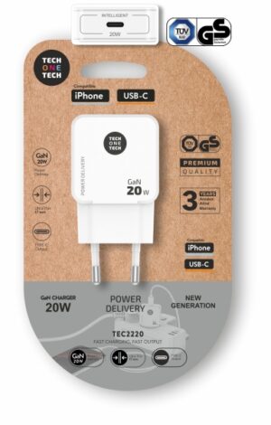 TechOneTech Cargador de Pared Ultrarrápido GaN 20w USB-C Blanco