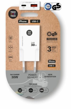 TechOneTech Cargador Doble de Pared Ultrarrápido GaN 30w USB-C+USB-A Blanco