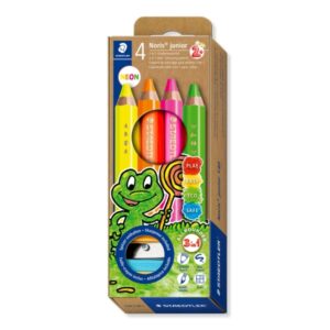 Staedtler Noris Junior Pack de 4 Lapices de Colores Extragruesos + Sacapuntas - 3 en 1, Lapiz, Cera y Acuarelable - Colores Surtidos