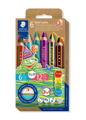 Staedtler Noris Junior Pack de 6 Lapices de Colores Extragruesos Duo + Sacapuntas - 3 en 1, Lapiz, Cera y Acuarelable - 2 Colores en cada Lapiz - Colores Surtidos