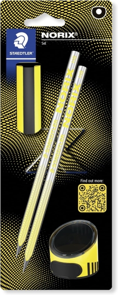Staedtler Norix Pack de 2 Lapices de Grafito HB + Borrador + Sacapuntas - Madera Negra - Diseño Inteligente