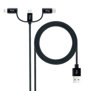 Nanocable Cable USB-A 2.0 Macho a USB-C, MicroUSB, Lightning Macho 1m - Color Negro