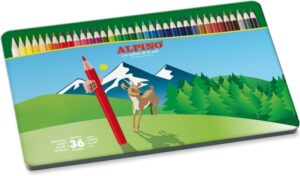 Alpino Caja Metalica con 36 Lapices de Colores Hexagonales - Mina de 3mm - Resistente a la Rotura - Bandeja Extraible - Colores Surtidos