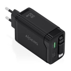 Aisens Cargador GAN 65W - 1xUSB-C PD3.0 y 1xUSB-A QC3.0 + Cable USB-C Retractil - Color Negro