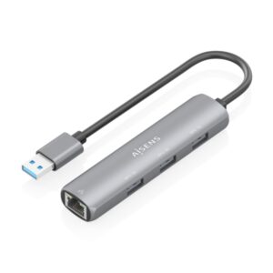 Aisens ASUC-4P034-GR Adaptador de Red USB 3.0 a Ethernet Gigabit + Hub 3xUSB-A 3.0 - 15cm - Color Gris