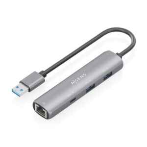 Aisens ASUC-4P035-GR Adaptador de Red USB 3.0 a Ethernet Gigabit + Hub 1xUSB-C y 2xUSB-A 3.0 - 15cm - Color Gris