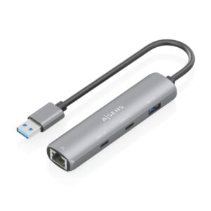 Aisens ASUC-4P036-GR Adaptador de Red USB 3.0 a Ethernet Gigabit + Hub 2xUSB-C y 1xUSB-A 3.0 - 15cm - Color Gris