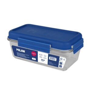 Milan Nata 624 Fiambrera de Tritan Hermetica Rectangular de 1.2L - Libre de BPA - Tapa Hermetica - Apto para Microondas, Lavavajillas y Congelador - Medidas 23x12,5x9,2cm - Transparente con Tapa Azul