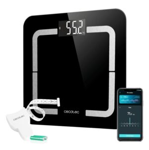Cecotec Surface Precision Smart Healthy Bascula Corporal hasta 180kg - 4 Sensores - 10 Parametros - Bluetooth - Cristal Templado - Funcion Bebe - LCD - Patas Antideslizantes - 310x310mm - Color Negro