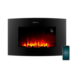 Cecotec ReadyWarm 3550 Chimenea Electrica de 35" - Potencia de 2000W - Control Wi-Fi - Mando a Distancia - Cristal Templado Curvo - Llamas LED Ajustables - Temporizador Semanal - Color Negro