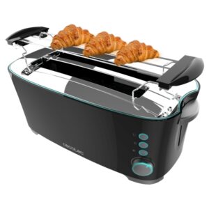 Cecotec Toast and Taste Extra Double B Tostadora de Doble Ranura Larga - 1350W - Ranura Ancha - Calienta Panecillos - Extra Elevacion - 7 Niveles - Funciones Descongelar y Recalentar - Color Negro