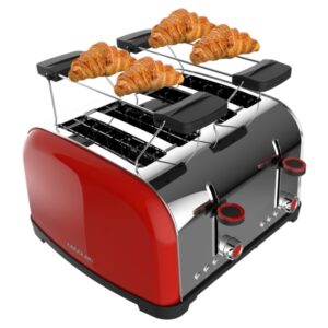 Cecotec Toastin' Time 1700 Double Tostadora de 4 Ranuras - 1700W - Ranura Ancha hasta 3.8cm - Acero Inoxidable - Calienta Panecillos - Apagado Automatico - 7 Niveles de Tostado - Color Rojo