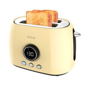 Cecotec ClassicToast 8000 Tostadora de Doble Ranura - 800W - Pantalla Digital - Ranura Ancha - 3 Funciones - Calienta Panecillos - 6 Niveles - Extra Elevacion - Autocentrado - Color Amarillo Pastel