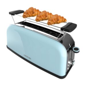 Cecotec Toastin' Time 850 Tostadora de Ranura Larga - 850W - Ranura Ancha - Calienta Panecillos - Autocentrado - Bandeja Recogemigas - 7 Niveles de Tostado - Color Azul Claro