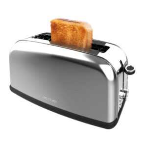 Cecotec Toastin' Time 850 Tostadora de Ranura Larga - 850W - Ranura Ancha hasta 3.8cm - 7 Niveles de Tostado - Sistema de Autocentrado - Bandeja Recogemigas Extraible - Acero Inoxidable