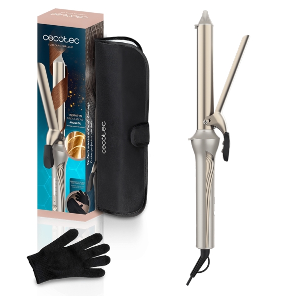 Cecotec SurfCare CurlClip Rizador de 25mm - Rizos Definidos y Uniformes - Diametro de 25mm para Volumen - Temperatura Ajustable hasta 200°C - Incluye Guante y Bolsa Termica - Cable 360º - Color Blanco