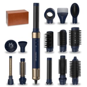 Cecotec Bamba CeramicCare 14in1 AirGlam Moldeador de Cabello - Potencia de 1400W - Revestimiento Ceramica y Queratina - Limpieza Automatica - Alisado Rapido - Estuche de Cuero - Color Azul Marino