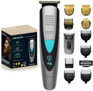 Cecotec Bamba PrecisionCare Trimmer Afeitadora Recortadora 5 en 1 - IPX7 - Cuchillas de Titanio - Bateria 500mAh - Uso Inalambrico y con Cable - Peines Ajustables - Base Incluida - Color Gris