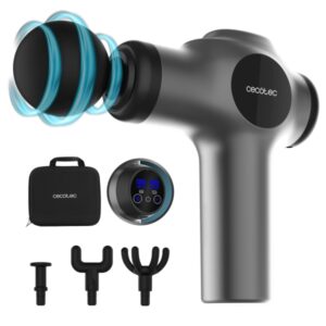Cecotec SkinCare Massage Gun Pistola de Masaje - LCD - Relaja Musculos y Mejora Circulacion - Intensidad Ajustable - 4 Cabezales Intercambiables - Estuche de Almacenamiento - Color Negro y Gris