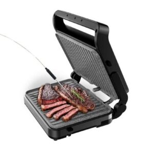 Cecotec Rock'nGrill 2000 PerfectCook Parrilla Electrica con Sonda de Temperatura Inteligente - 2000W - Placas Desmontables - Acabado en Acero Inoxidable - Bandeja Recogegrasas - 30x23cm - Color Negro