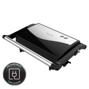 Cecotec Rock'nGrill 750 Full Open Parrilla Electrica - 750W - Apertura 180º - Revestimiento Antiadherente - Placa Flotante - Indicador Luminoso - Cierre Vertical con Pinza - 23x14.5cm - Color Negro