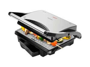 Cecotec Rock'nGrill 1000 Parrilla Electrica - 1000W - Antiadherente - Placa Flotante Ajustable - Bandeja Recogegrasas - Asa de Tacto Frio - Guardado Vertical - 25.5x29.5cm - Acero Inoxidable
