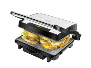 Cecotec Rock'nGrill 1500 Rapid Parrilla Electrica - Potencia de 1500W - Revestimiento Antiadherente - Bandeja Recogegrasas - Placa Superior Ajustable - 24.5x17.3cm - Acero Inoxidable