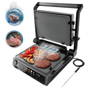 Cecotec Rock'nGrill 2000 Smash PerfectCook Parrilla Electrica - 2000W - Sonda de Temperatura Inteligente - Placas Extraibles y Reversibles - Control Tactil y LED - Antiadherente - Color Negro