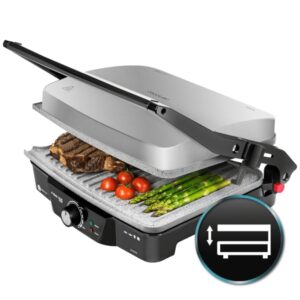 Cecotec Rock'nGrill 2000 Parrilla Electrica - 2000W - Antiadherente - Apertura 180º - Saliente Vierte Grasas - Placa Superior Flotante - Base Antideslizante - 30x23.5cm - Acero Inoxidable