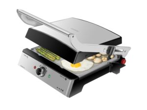 Cecotec Rock'nGrill Pro Parrilla Electrica - 2000W - Antiadherente - Placas Extraibles y Reversibles - Apertura 180º - Libre de PTFE y PFOA - Pinza - Base Antideslizante - 34x23cm - Acero Inoxidable