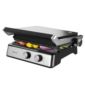 Cecotec Rock'nGrill Blaze Parrilla Electrica - Potencia de 2400W - Revestimiento Antiadherente - Apertura 180º - Temperatura Regulable - Bandeja Recogegrasas - 29x23cm - Acero Inoxidable