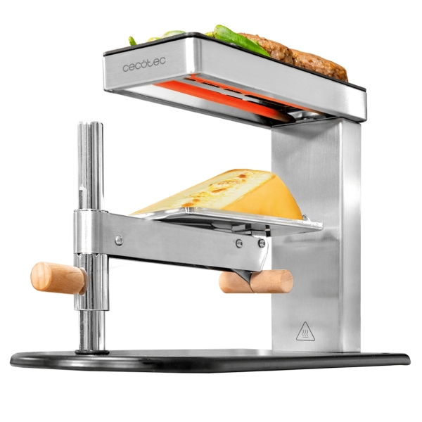Cecotec Cheese and Grill 6000 Inox Raclette con Funcion Grill - 600W - Incluye Espatulas de Madera - Acero Inoxidable - Termostato - Parrilla Antiadherente - Soporte Ajustable - Compacto y Ligero